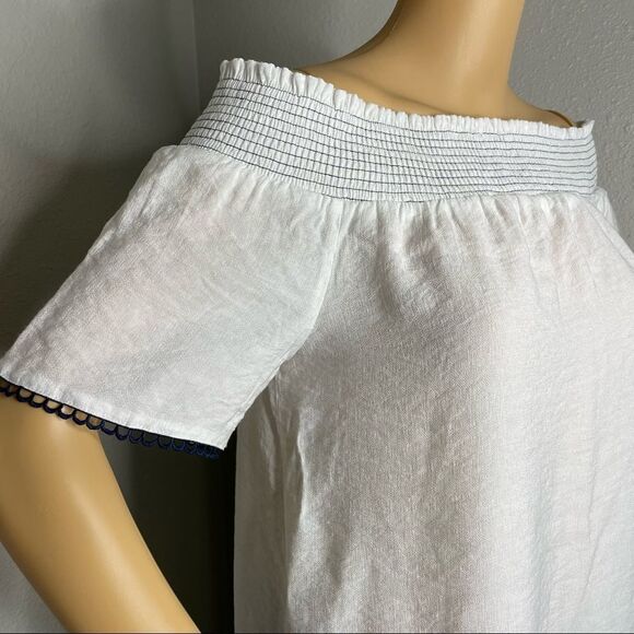 E&M Blue and White Off Shoulder Blouse Embroidered Detail on Bottom Hem Medium - Picture 3 of 10